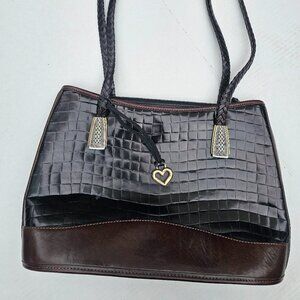 Vintage Brighton Black Brown Croc Pebbled Leather Braided Strap Shoulder Purse W
